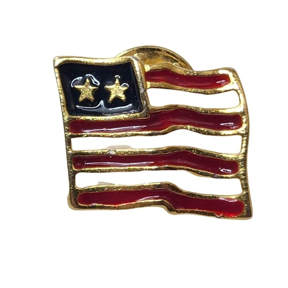 Vintage American Flag Lapel Pin Brooch Gold Tone Red White Blue Two Star
